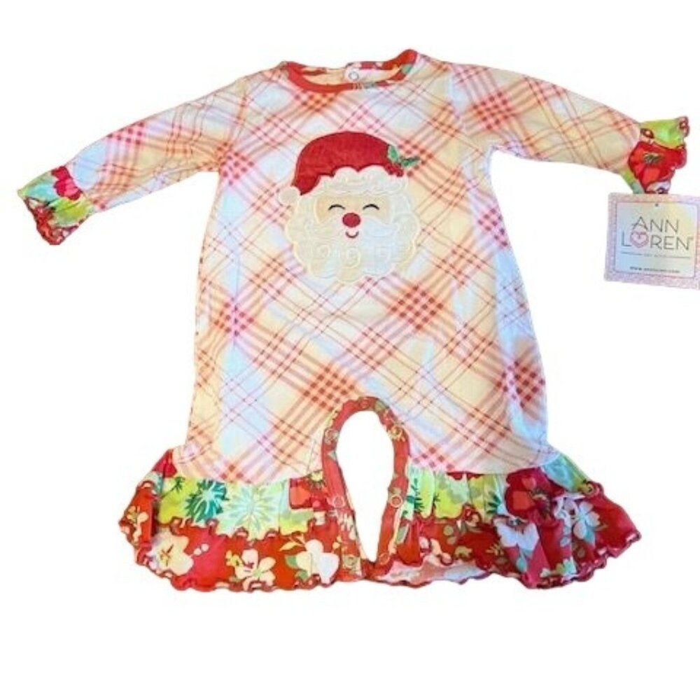 Baby Girls Ann Loren Christmas Romper With Santa Design &‎ Ruffle Accents